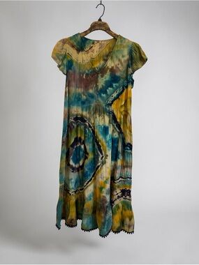 Upcycled Tie-Dye Short Sleeve Midi Dress in Teal and Mustard